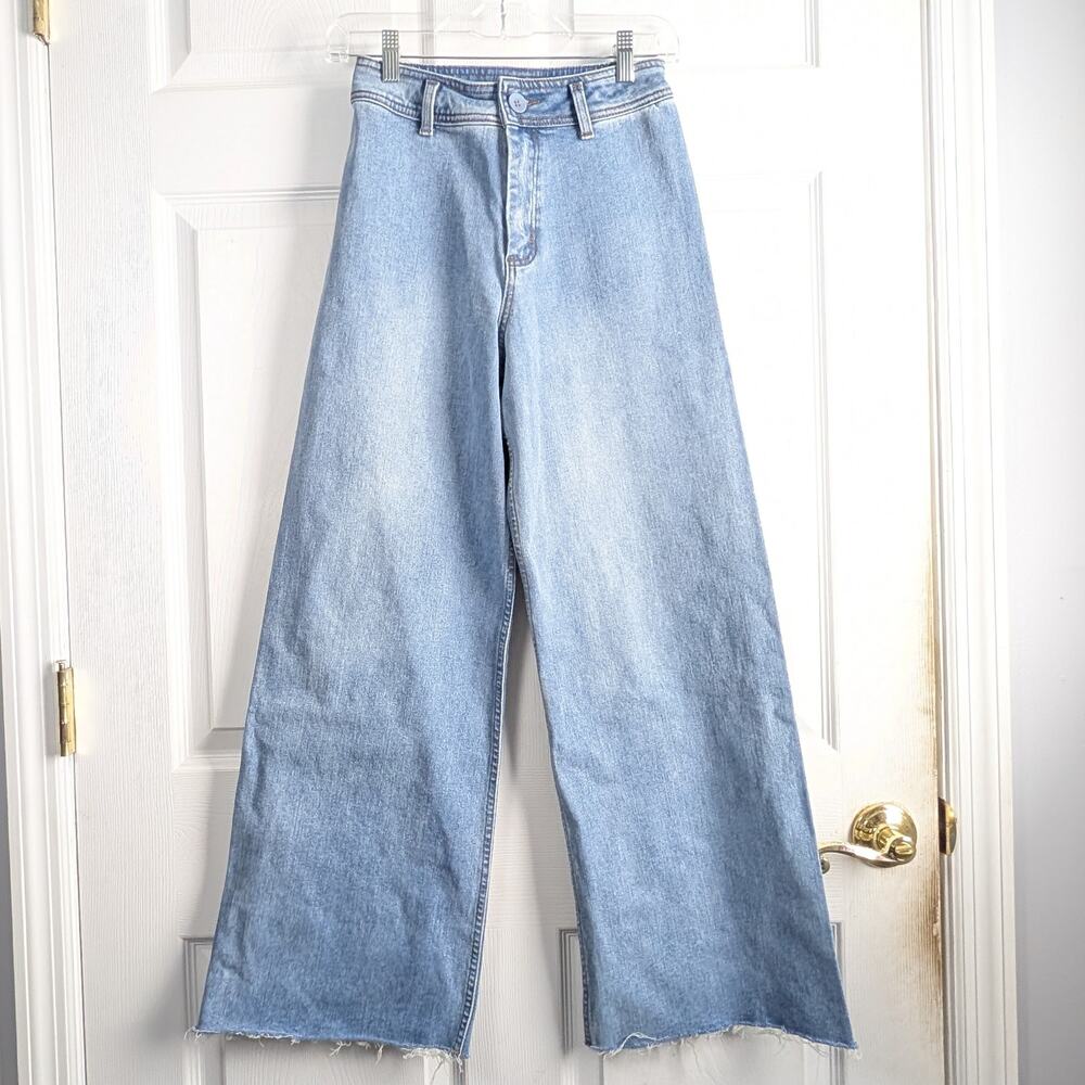 Miou Muse High-Rise Wide Leg Raw Hem Denim Jeans - Light Blue - Size S